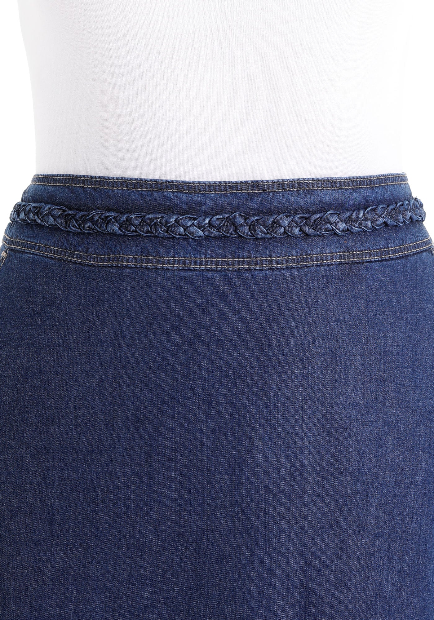 Guzella Navy Tencel A-Line Denim Midi Skirt with Knit Waistband Belt and Pockets Guzella