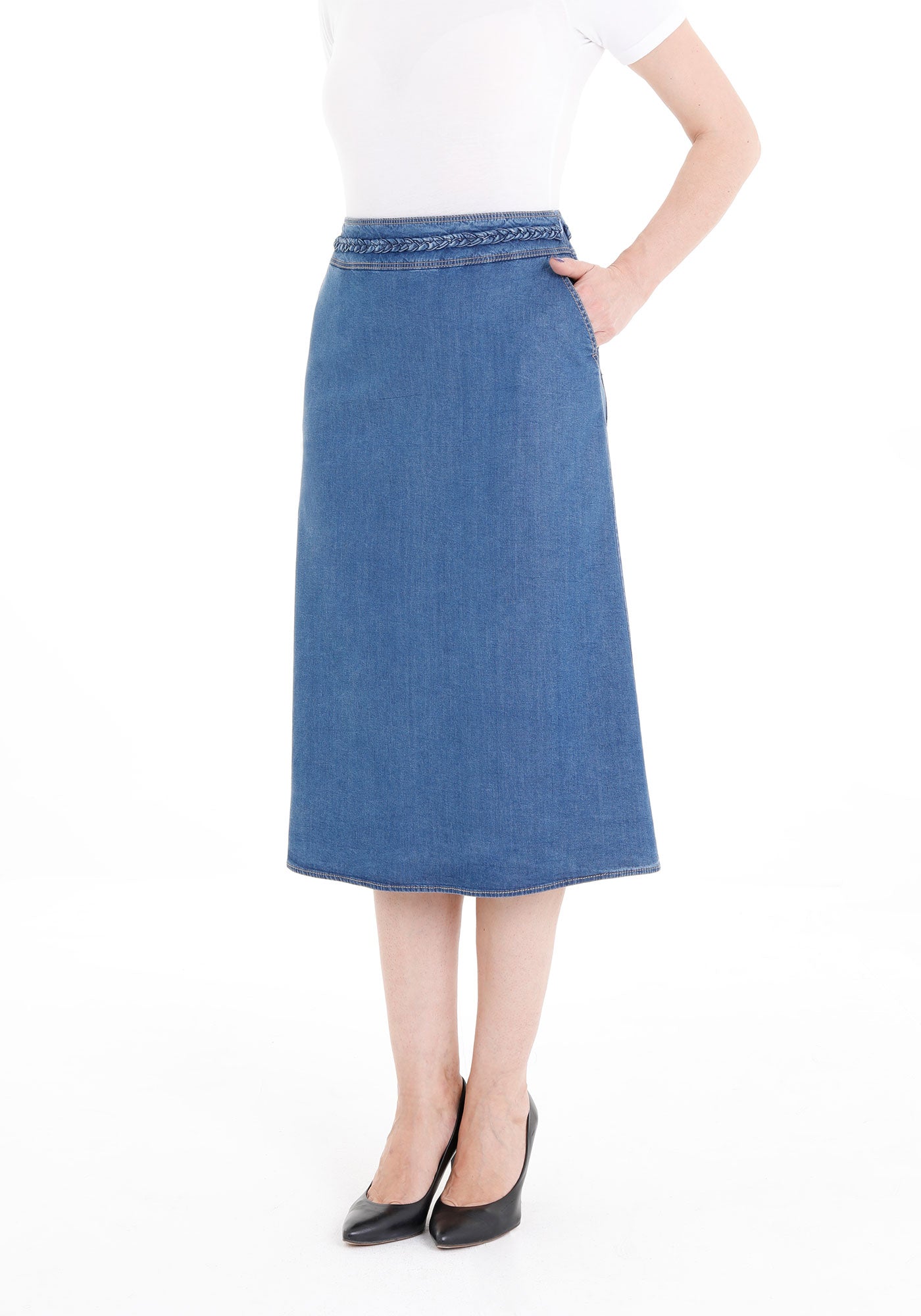 Guzella Blue Tencel A-Line Denim Midi Skirt with Knit Waistband Belt and Pockets Guzella