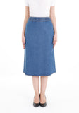 Blue Tencel A-Line Denim Midi Skirt with Knit Waistband Belt and Pockets