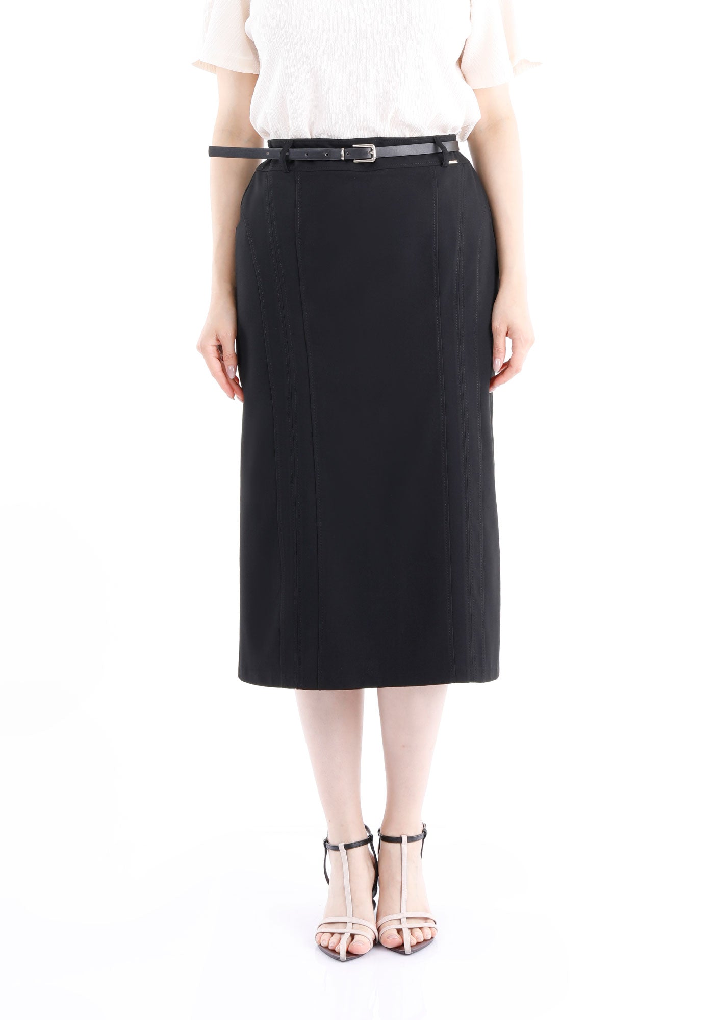 Classic Black High Waisted Midi Pencil Skirt with Belt Guzella