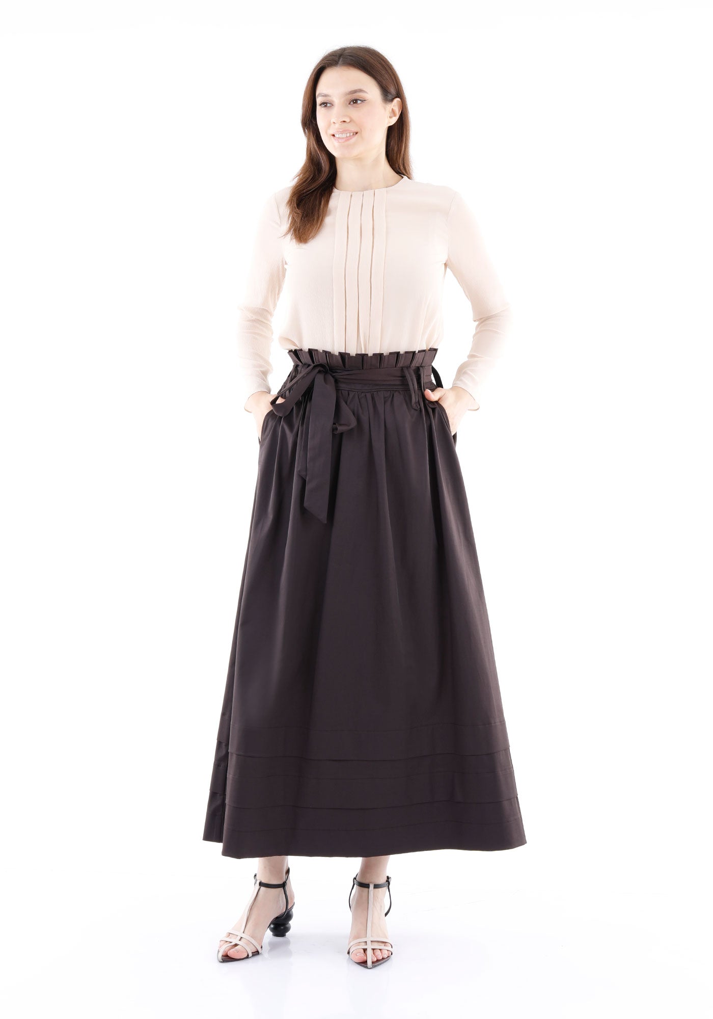 Guzella Brown Paper Bag Flared A-Line Maxi Skirt with Pockets and Belt Guzella