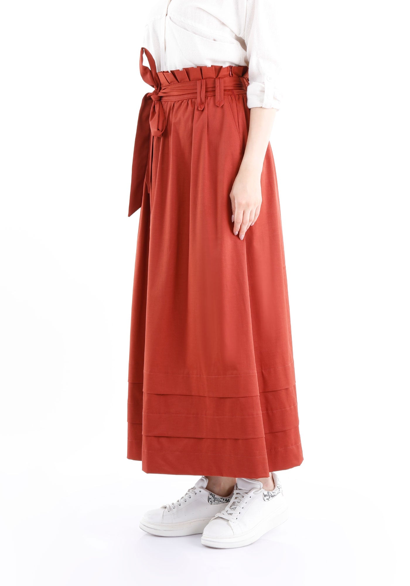 Paper Bag Flared A-Line Maxi Skirt With Pockets And Belt Guzella