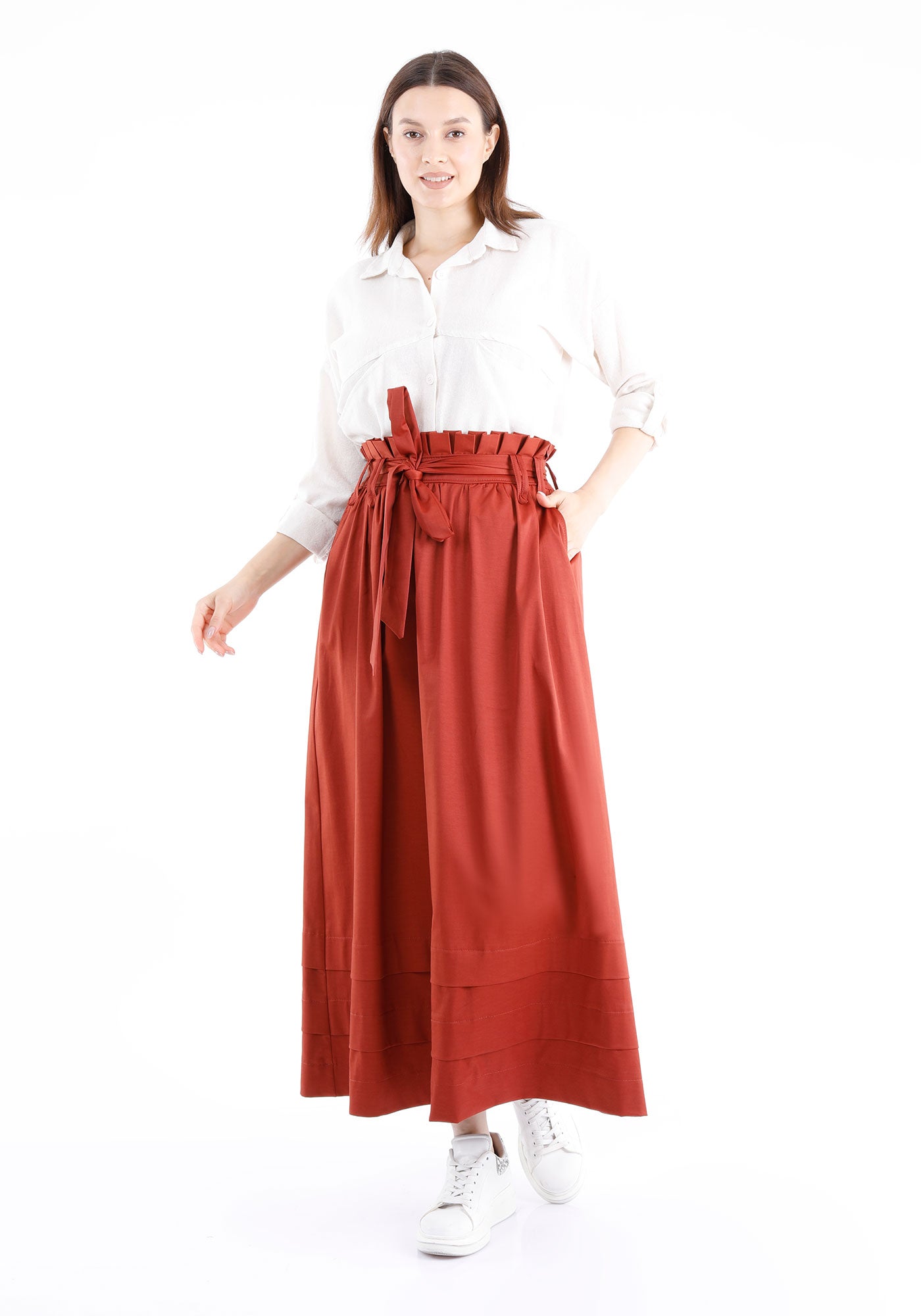 Guzella Tile Red Paper Bag Flared A-Line Maxi Skirt with Pockets and Belt Guzella