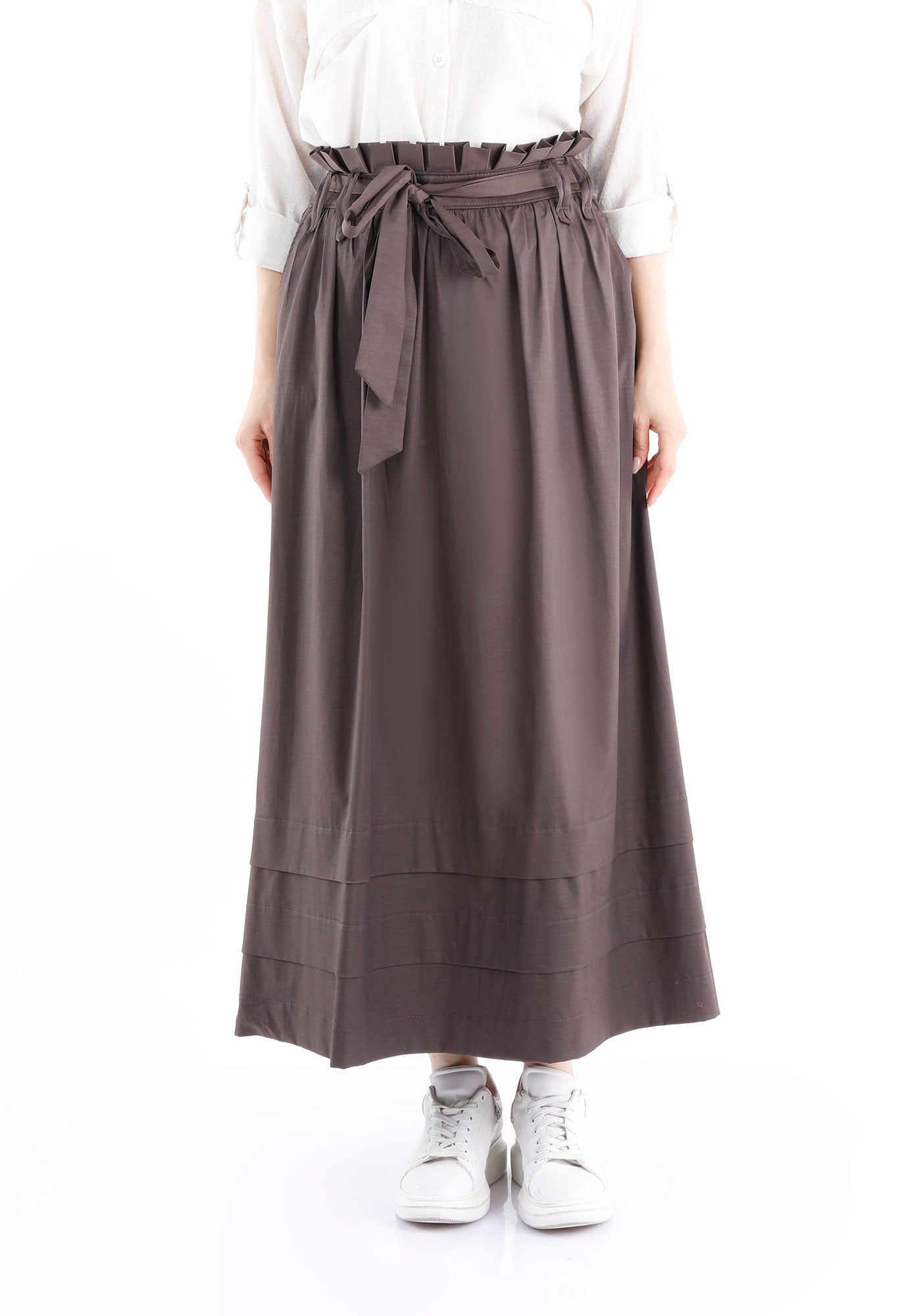 Guzella Light Brown Paper Bag Flared A-Line Maxi Skirt with Pockets and Belt Guzella