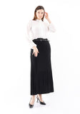 Black Thin Pleated Maxi Skirt with Floral Belt