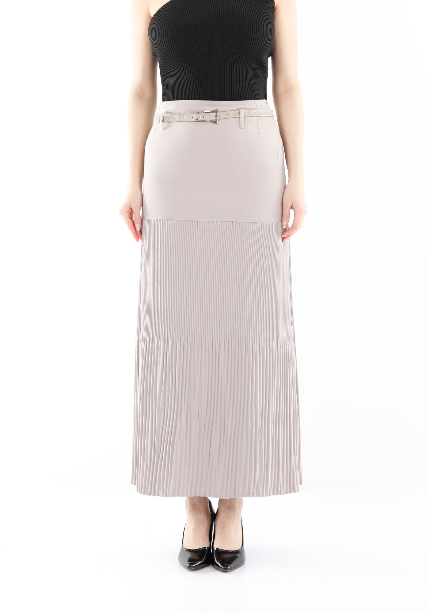 Guzella Women's Stone Thin Pleated Maxi Skirt with Floral Belt Guzella