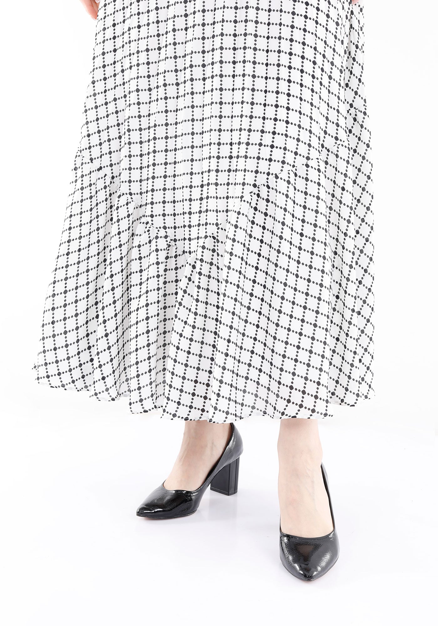 White Chiffon Black Pattern Ruffle Pleated Maxi Skirt Guzella
