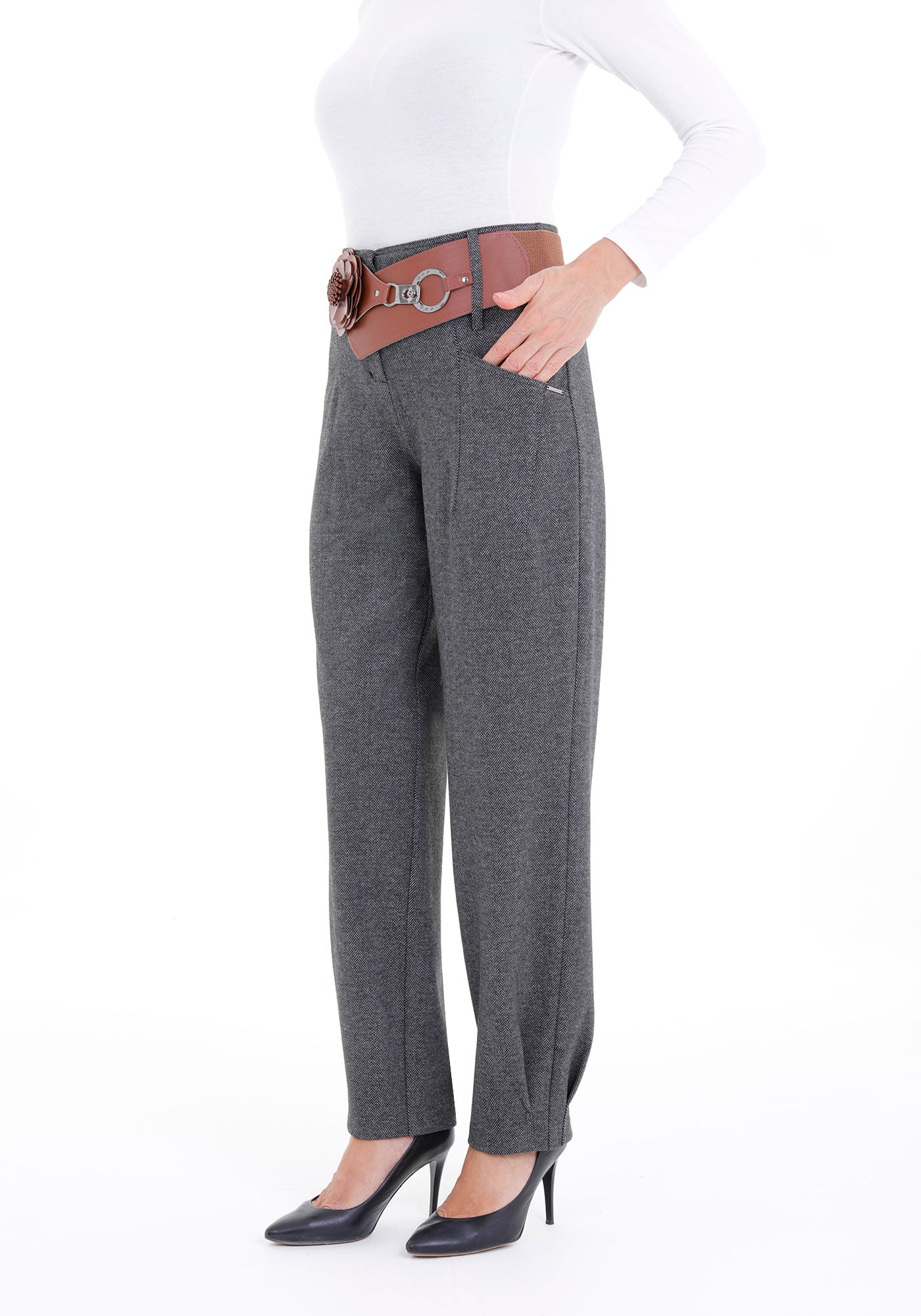 G-Line Tapered Herringbone Patterned Pants with Leather Floral Belt Guzella