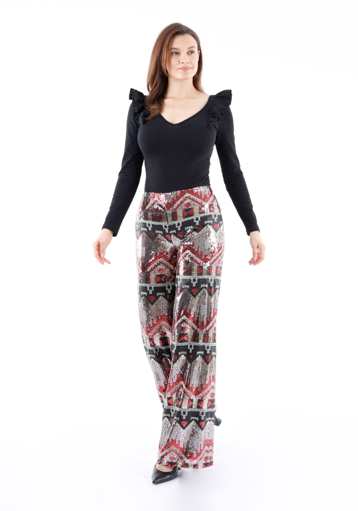 Ethnic Patterned Sequin Pants - Black Guzella