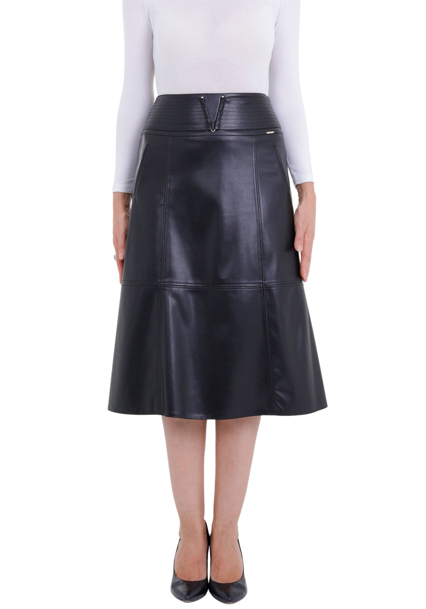 Black A-Line Vegan Leather Flared Midi Skirt Guzella