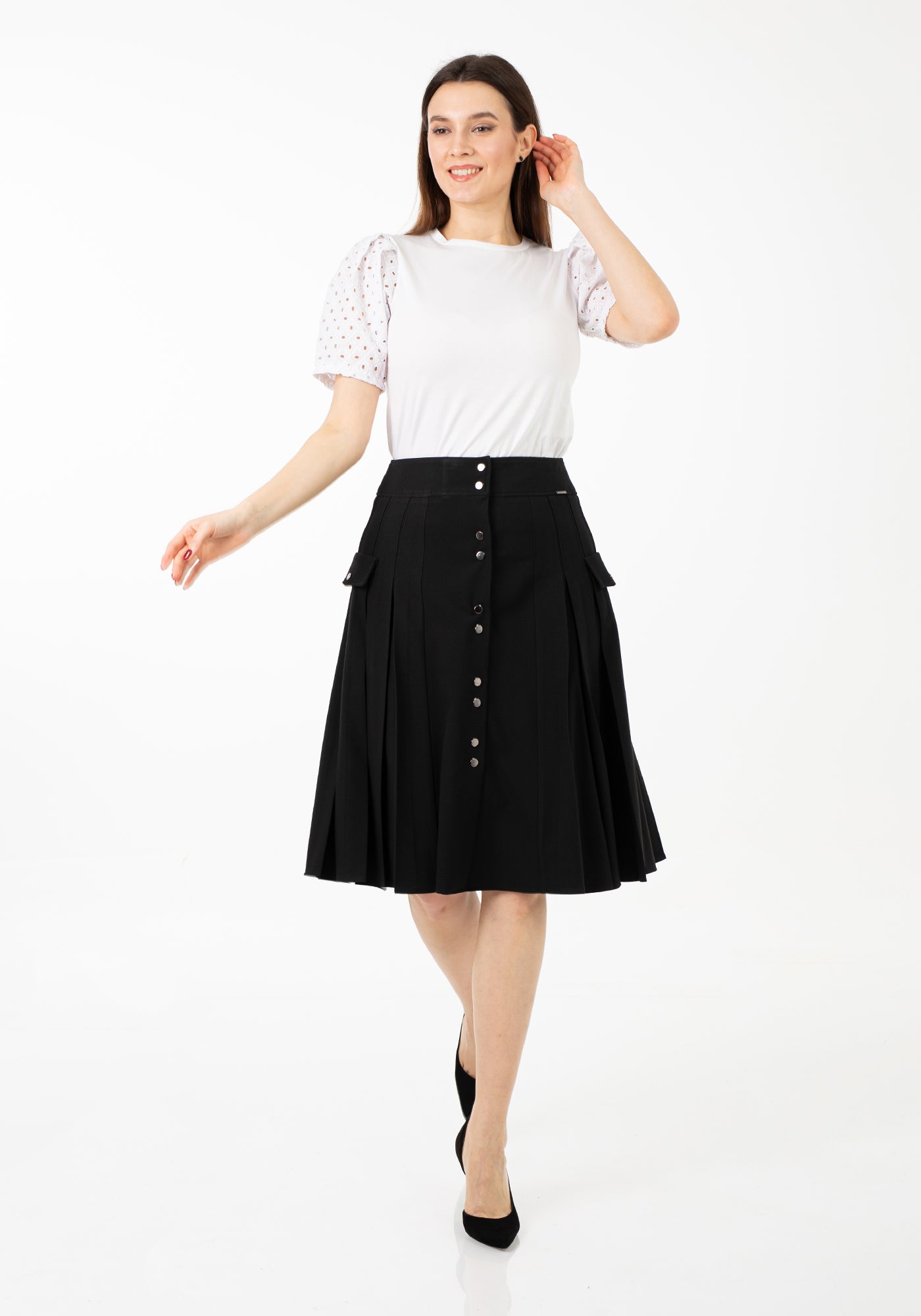 Guzella Women's Pleated Button-Front Black Midi Skirt Guzella