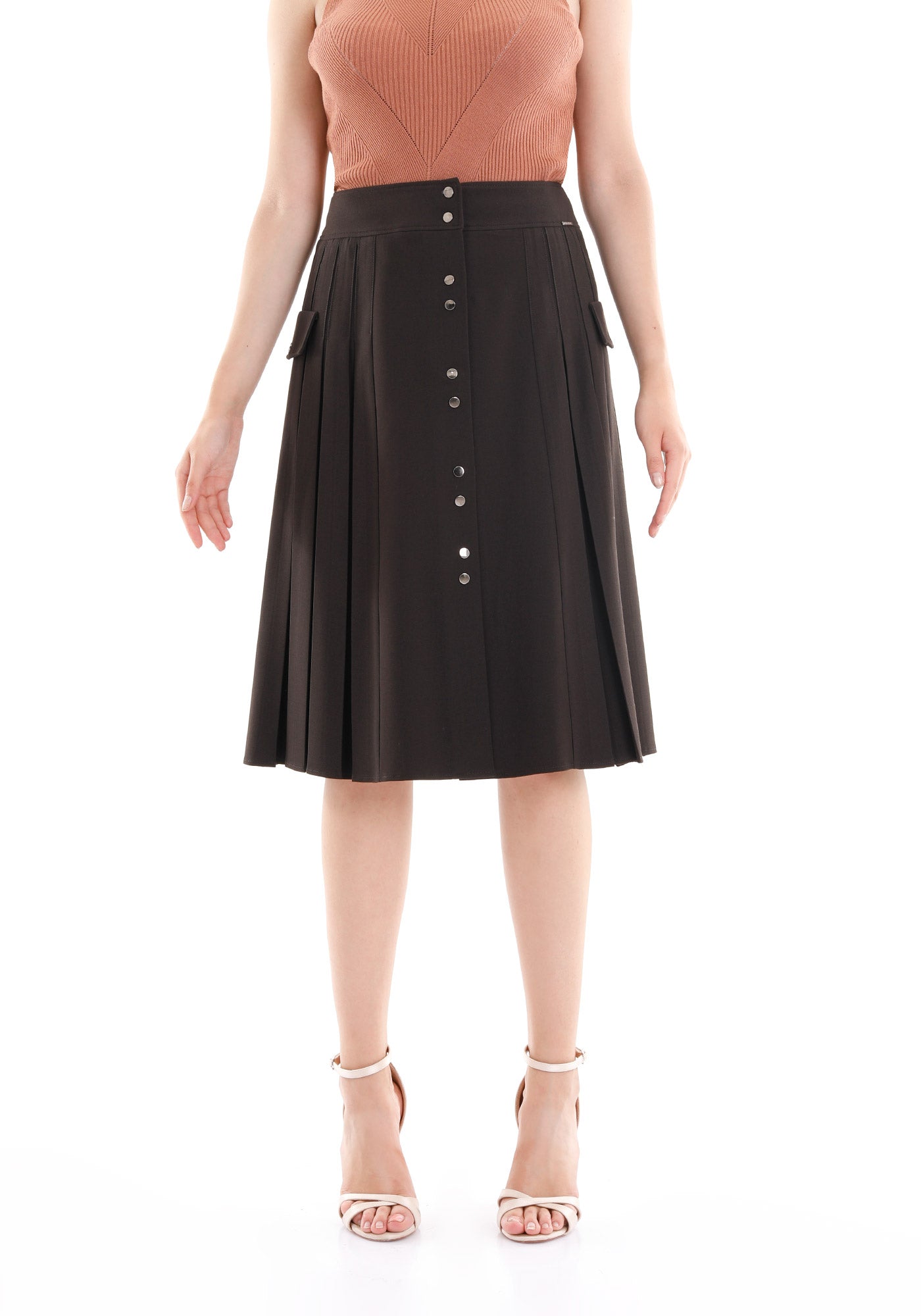 Guzella Women's Pleated Button-Front Brown Midi Skirt Guzella