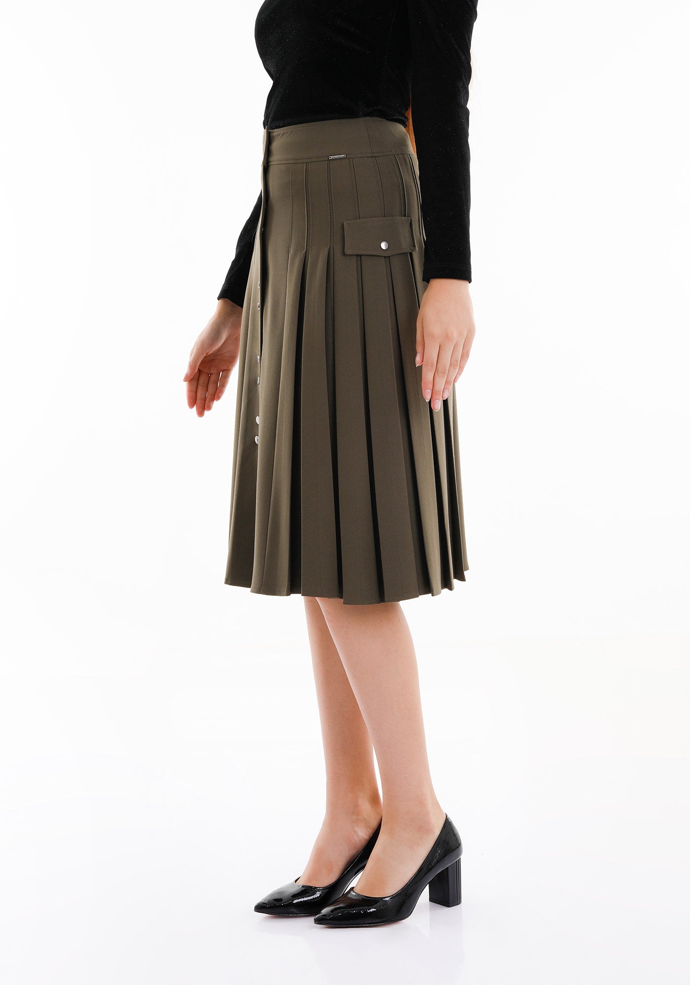 Guzella Women's Pleated Button-Front Khaki Midi Skirt Guzella