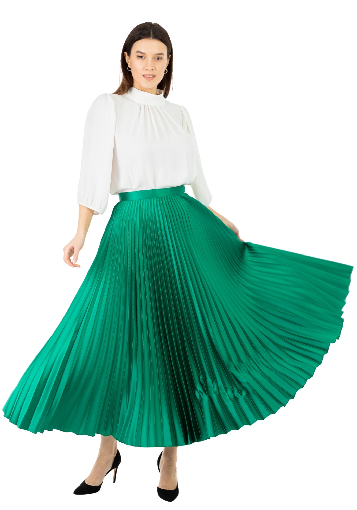 Emerald Green Satin Acetate Pleated Maxi Skirt Guzella