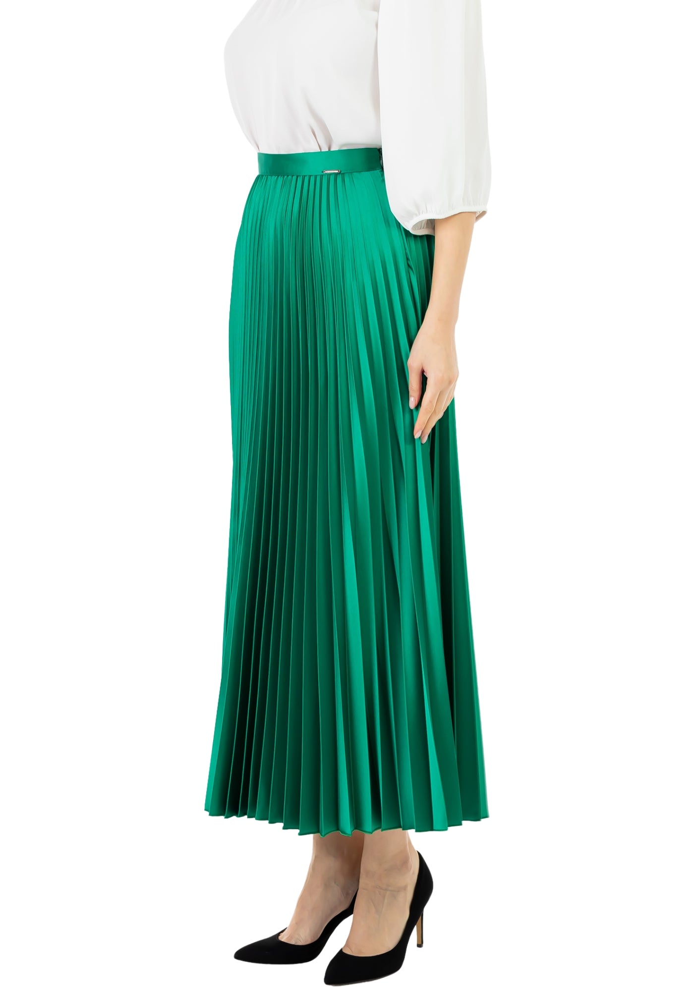 Emerald Green Satin Acetate Pleated Maxi Skirt Guzella