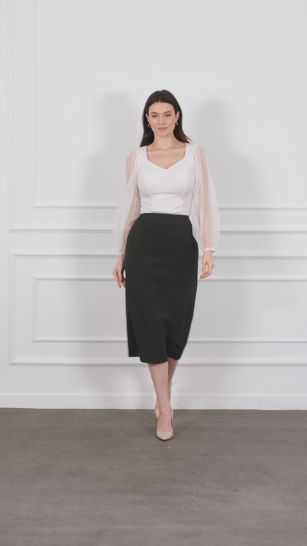 G-Line Khaki Back Vented Midi Pencil Skirt for Women