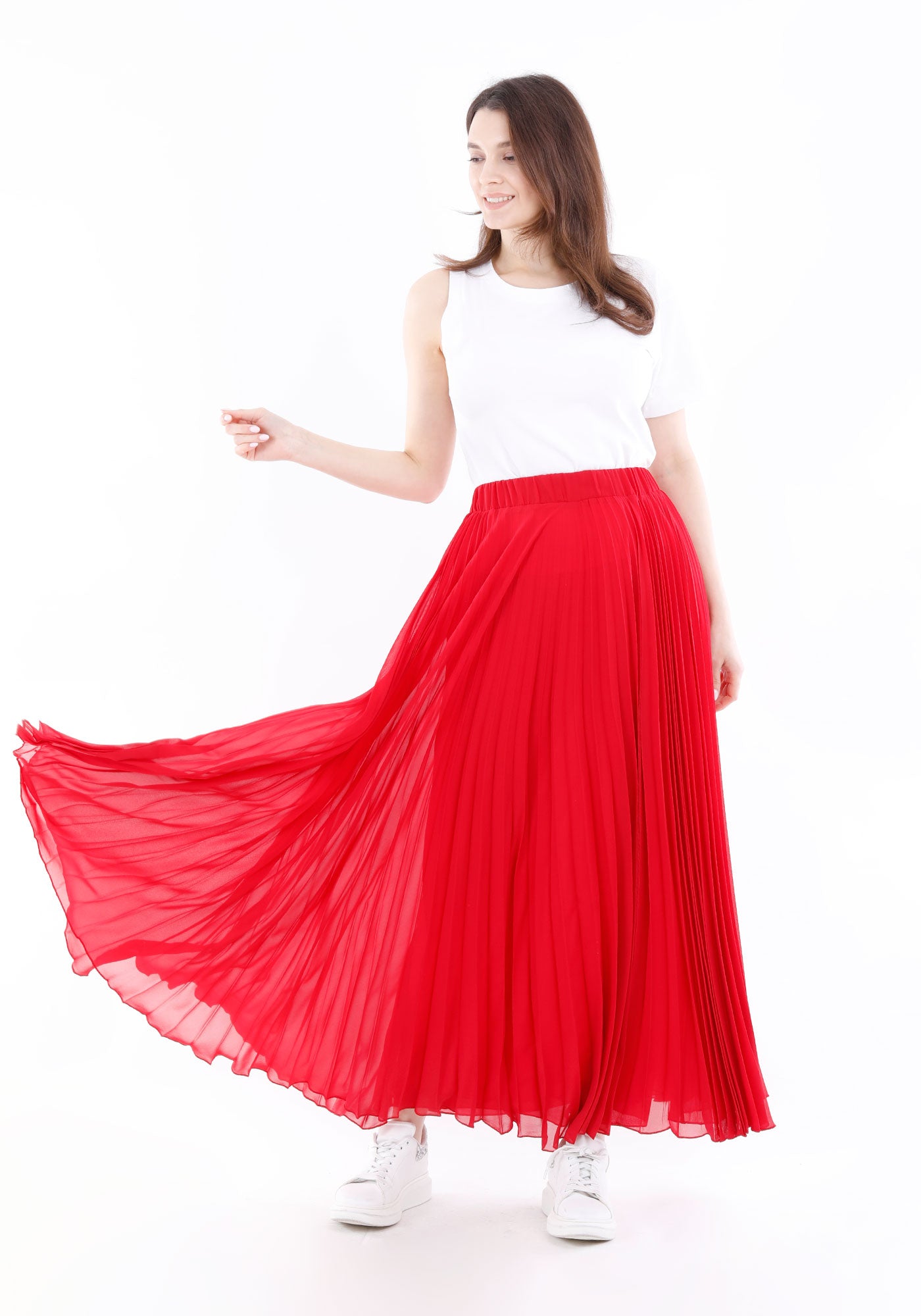 Red Chiffon Pleated Maxi Skirt with Elastic Waist Band Guzella