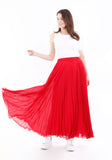 Red Chiffon Pleated Maxi Skirt with Elastic Waist Band