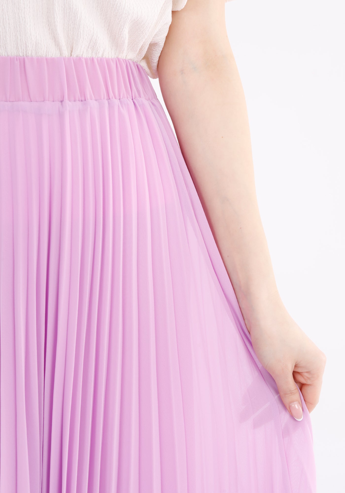 Lilac Chiffon Pleated Maxi Skirt with Elastic Waist Band Guzella