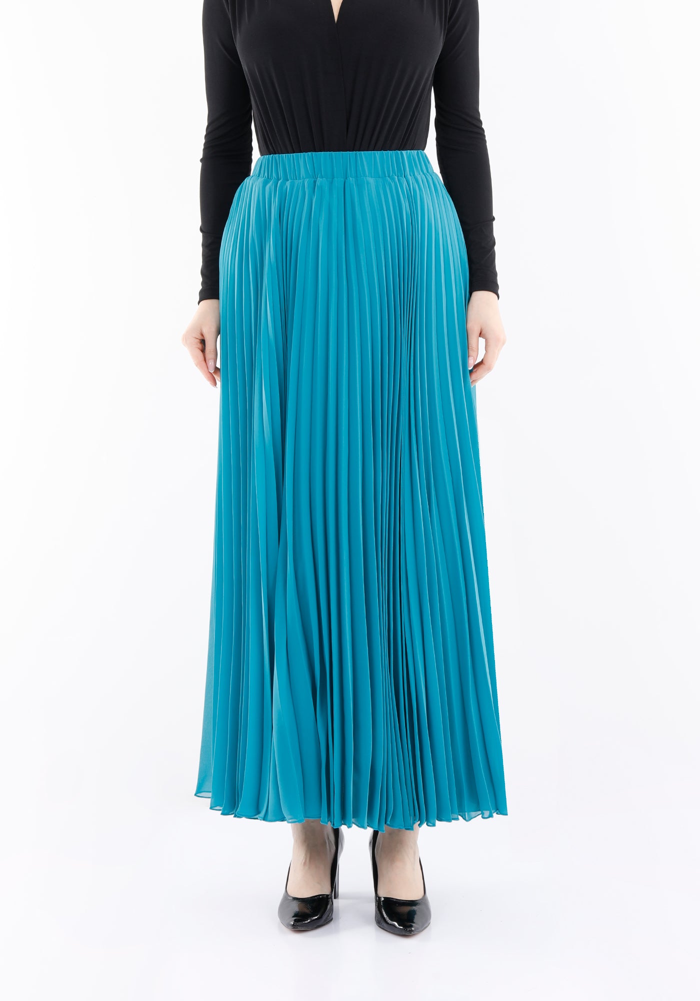 Turquoise Chiffon Pleated Maxi Skirt with Elastic Waist Band Guzella
