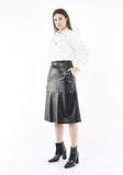 Black Midi Vegan Soft Leather A-Line Skirt with Accessories Around Waistline Guzella