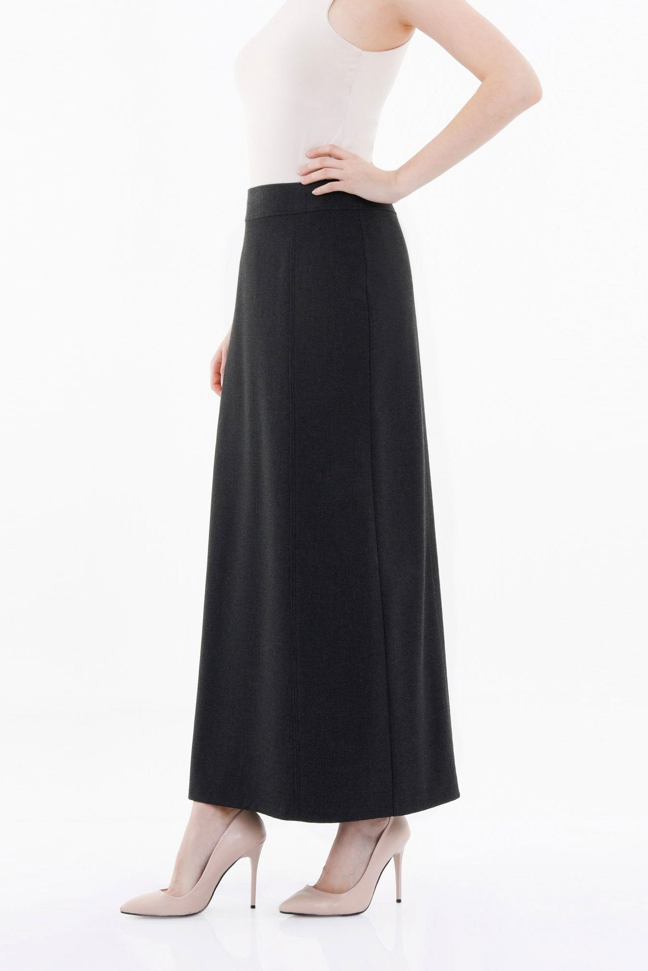 Charcoal Solid Fabric Flat Front Modest Maxi Skirt G-Line