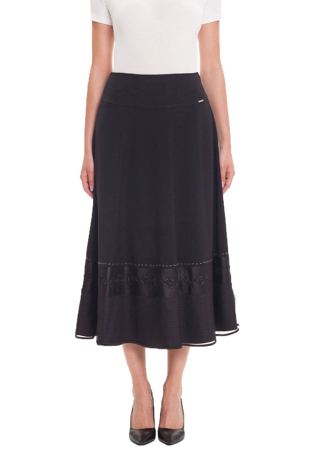 Embroidered Midi Black Skirt with Check Pattern and Tulle Around The Hemline Guzella