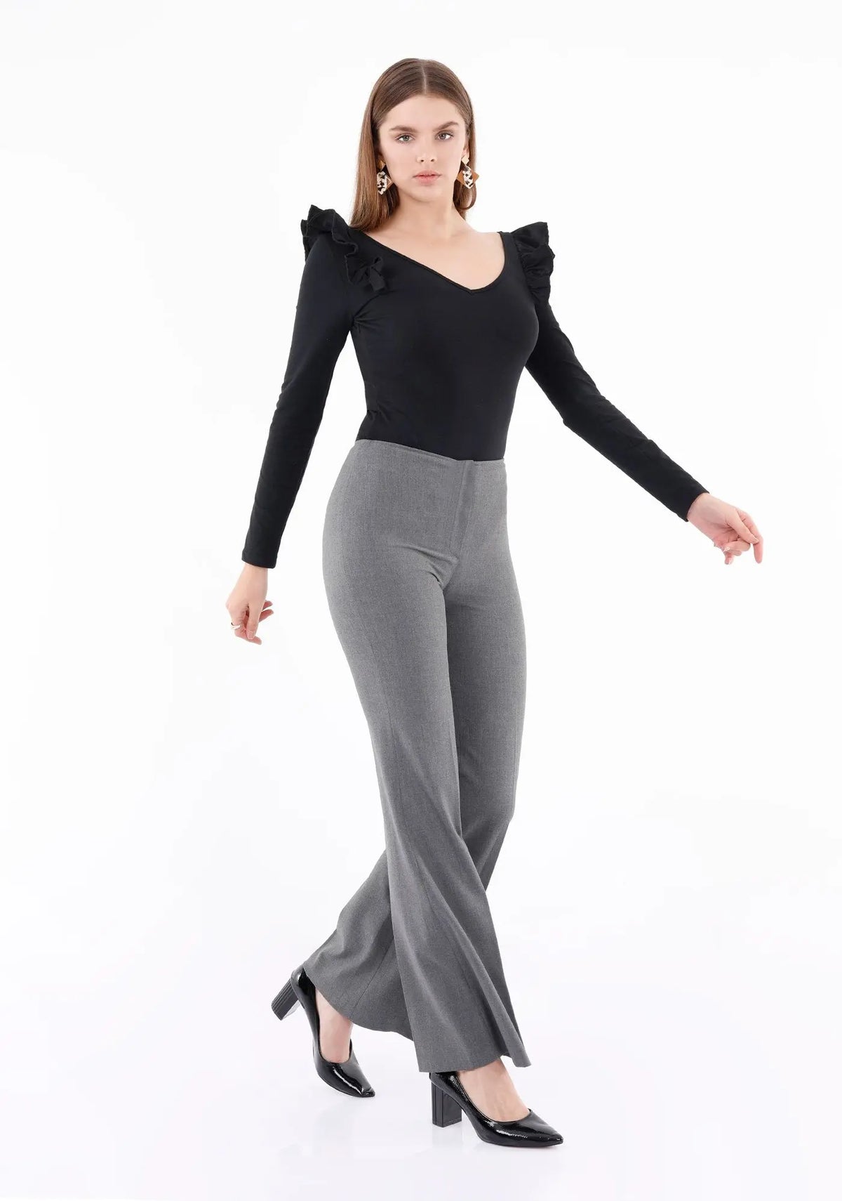 Grey Classic Fit Flat Front Boot Cut Suit Pants for Women G-Line
