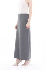 Grey Solid Fabric Flat Front Modest Maxi Skirt
