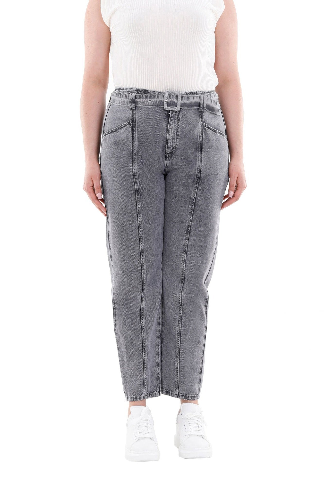 Grey Tapered Jeans for Women Carrot Jeans with Jean Belt G-Line