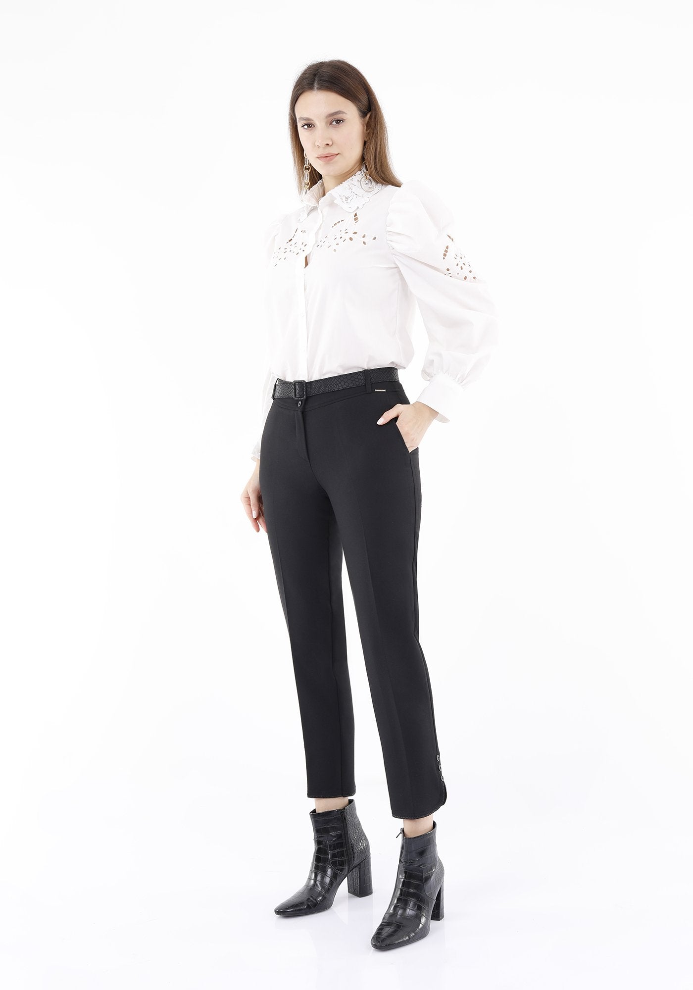 Guzella Black Slim Fit Ankle Length Women's Pants with Buttons and Leather Details Guzella