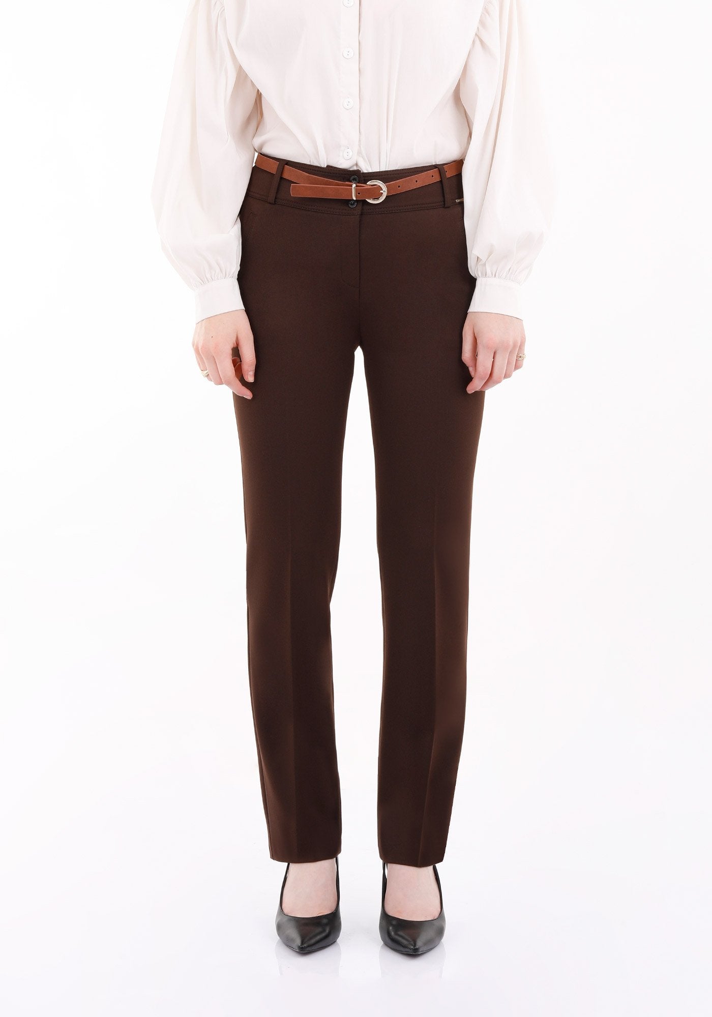 Brown Straight Leg Pants with Pockets and Belt Guzella