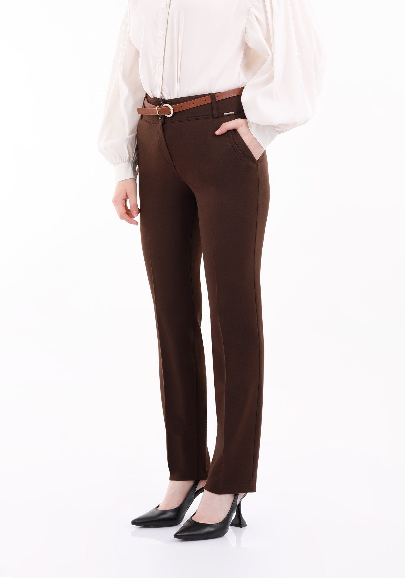 Brown Straight Leg Pants with Pockets and Belt Guzella