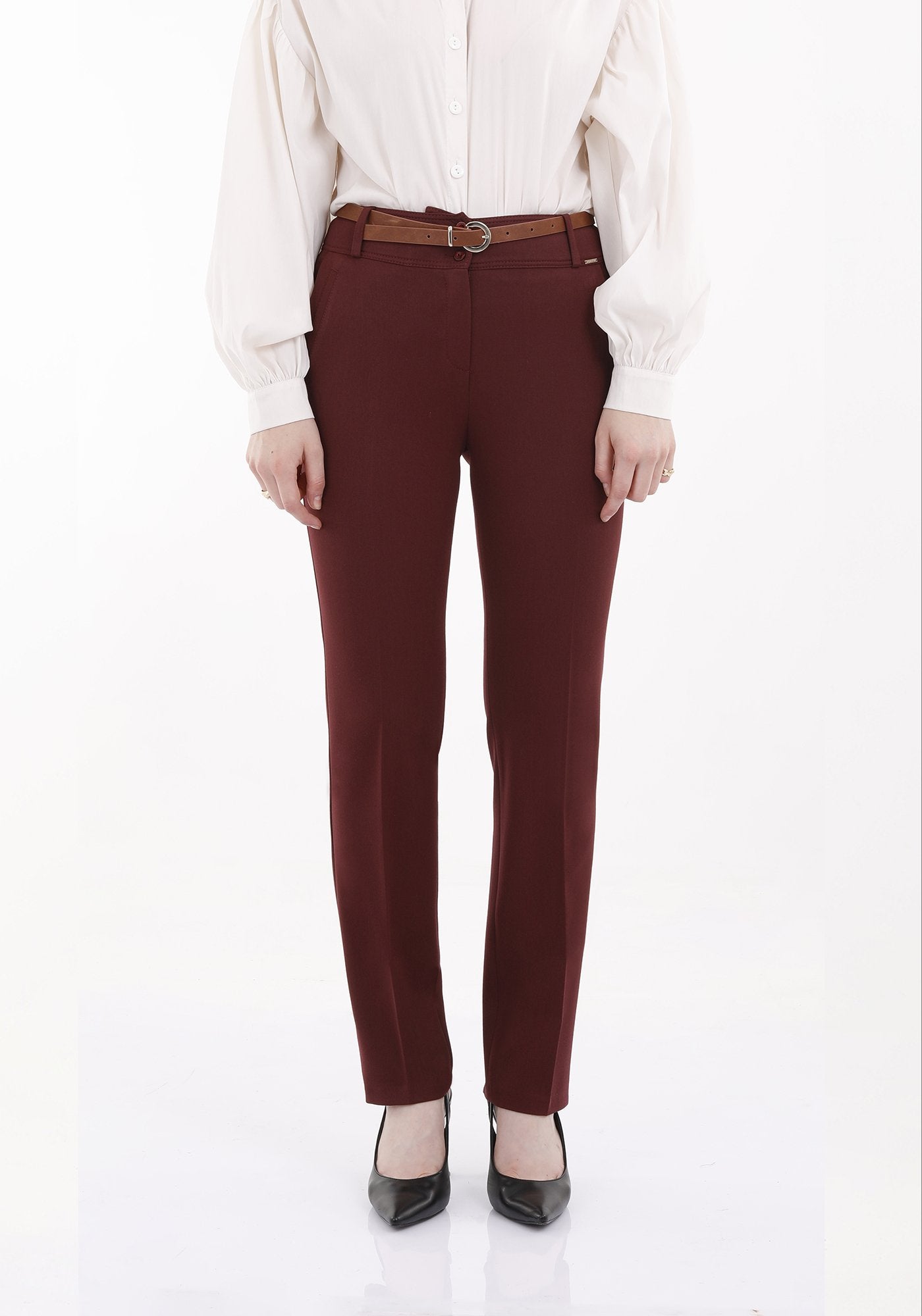 Burgundy Straight Leg Pants with Pockets and Belt Guzella