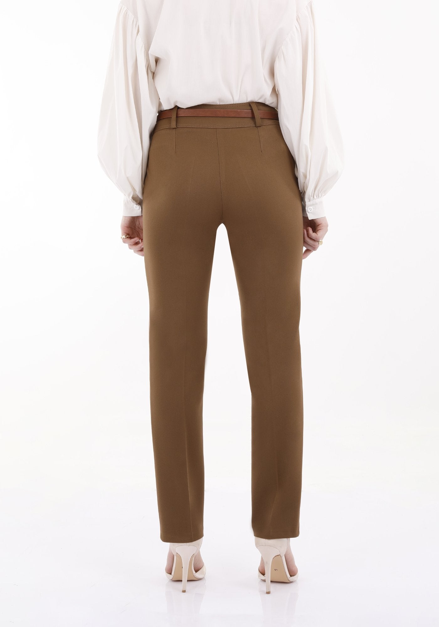 Hazelnut Straight Leg Pants with Pockets and Belt Guzella