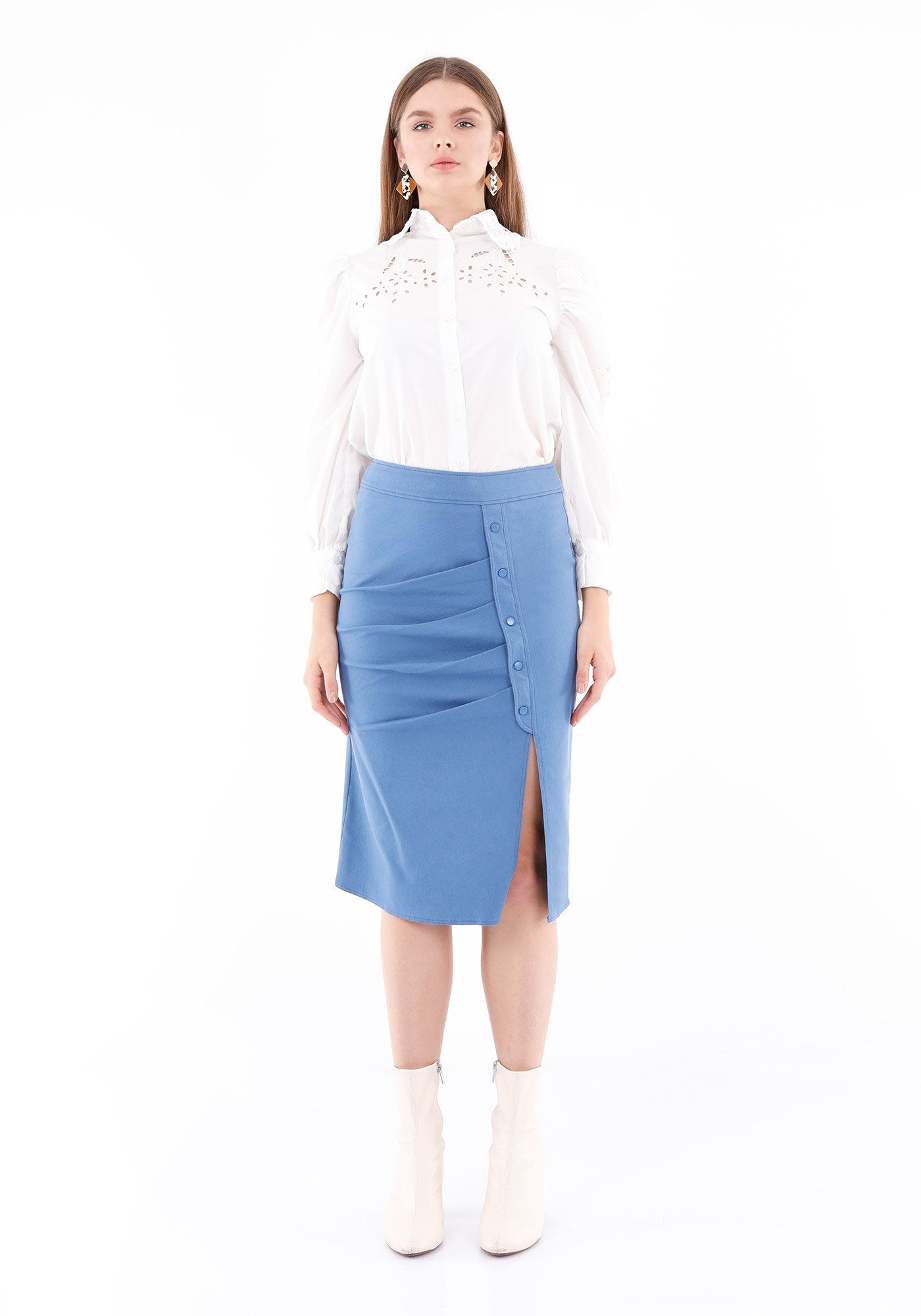 Guzella Elegant Slit Side High Waist Pencil Midi Skirt (Indigo) Guzella