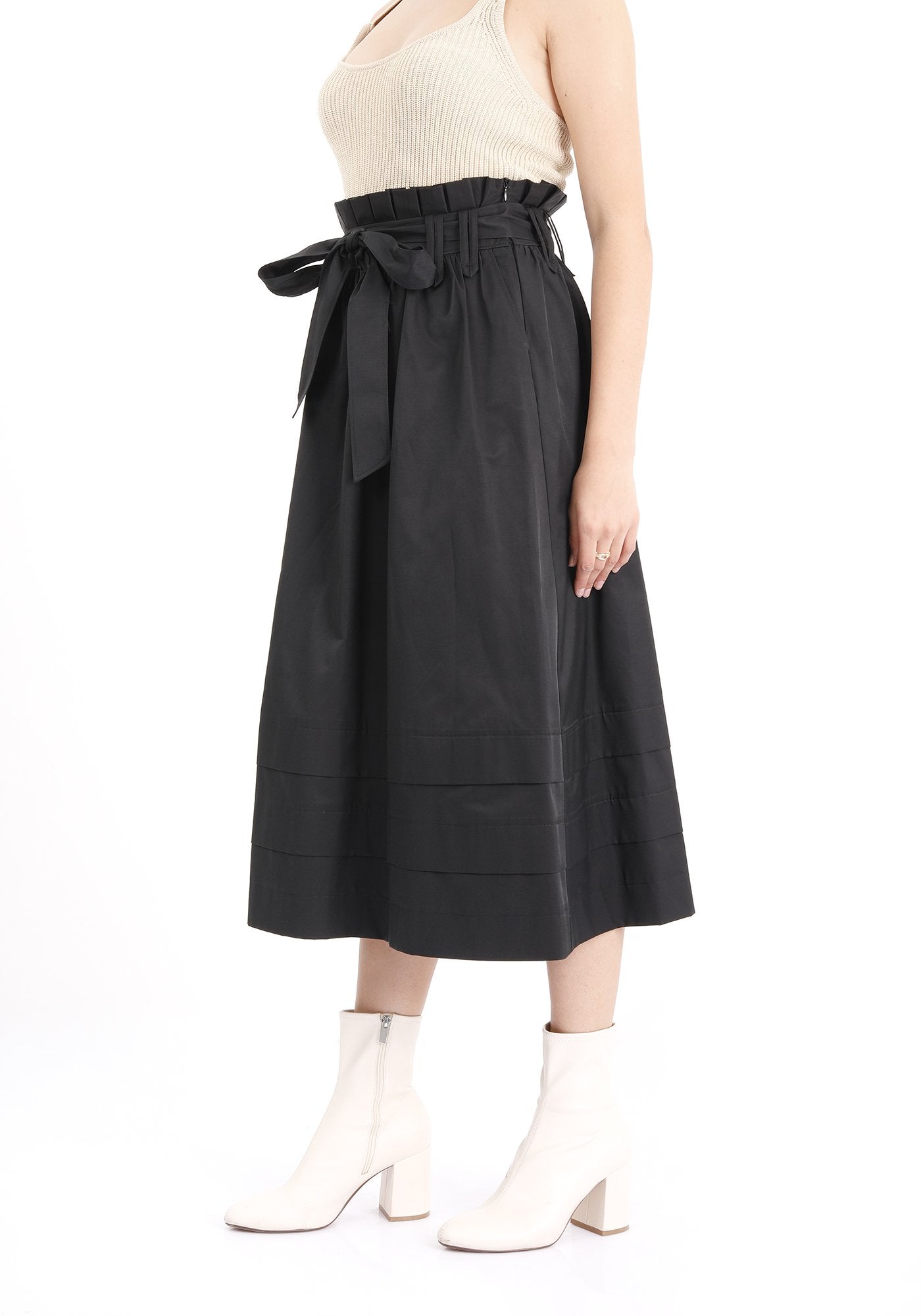 Black Paper Bag Belted Flare Skirt Guzella