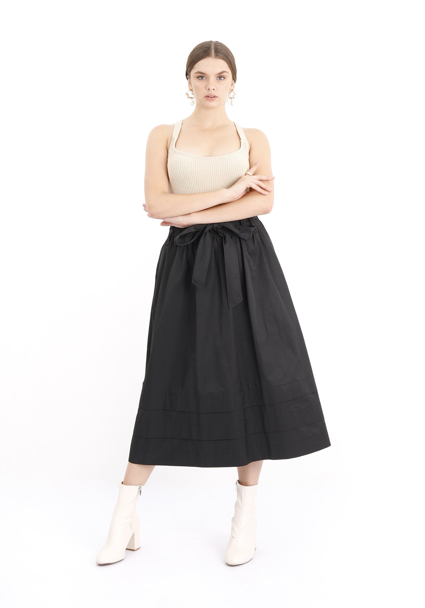 Guzella Midi Paperbag Black Skirt High Waisted Flare Elastic Waist Band Paper Bag Belted Skirt Guzella