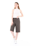 Guzella Midi Shorts for Women Tartan Gingham Pattern Short Pants for Women with Belt (Grey-Brown) Guzella
