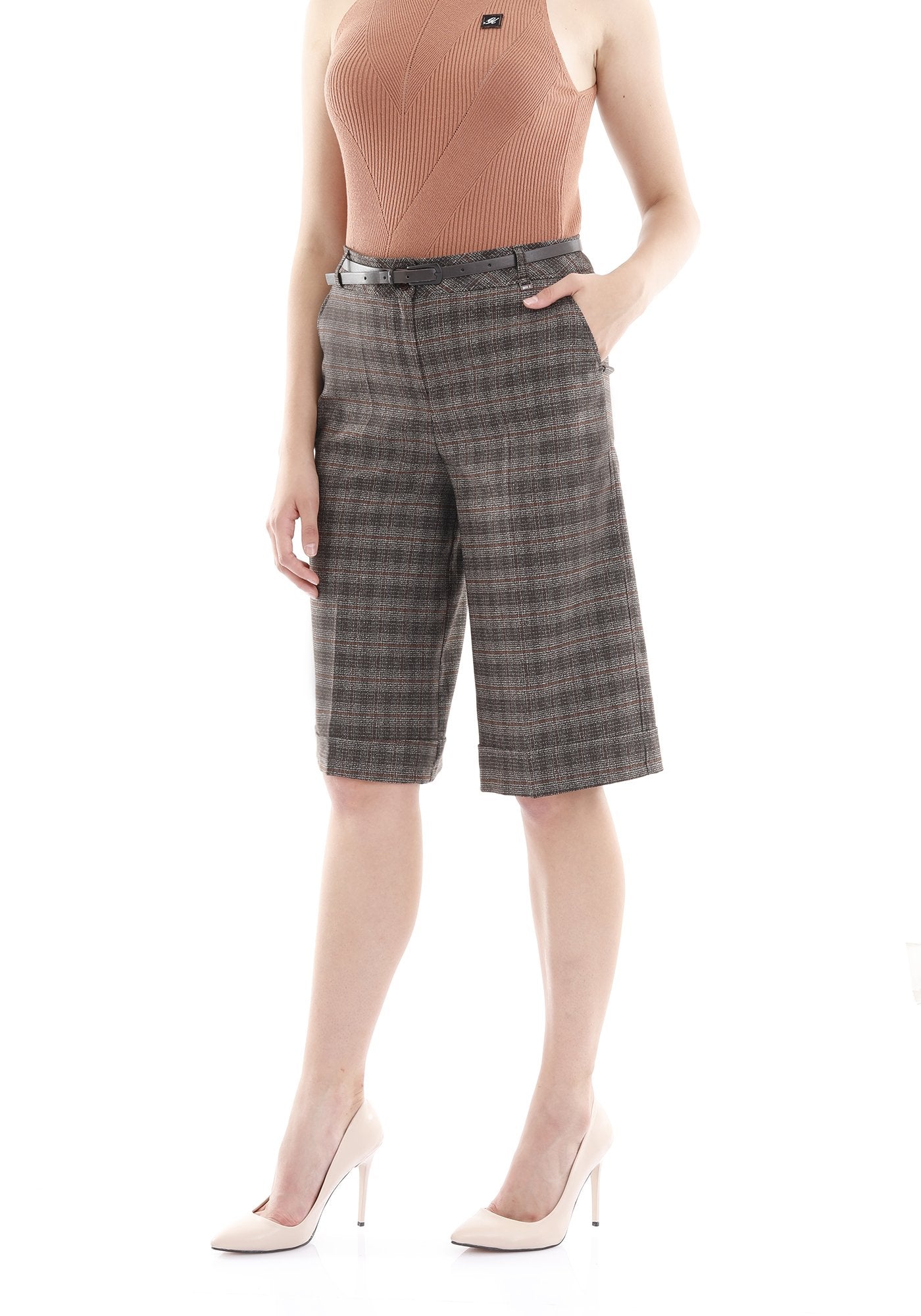 Guzella Midi Shorts for Women Tartan Gingham Pattern Short Pants for Women with Belt (Grey-Brown) Guzella
