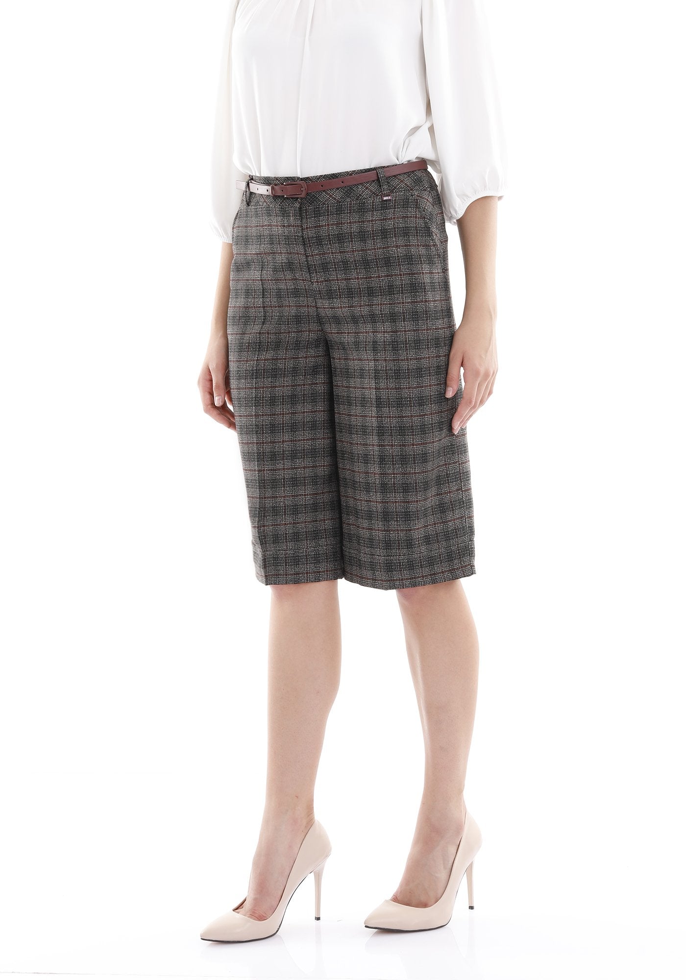 Guzella Midi Shorts for Women Tartan Gingham Pattern Short Pants for Women with Belt (Grey-Burgundy) Guzella
