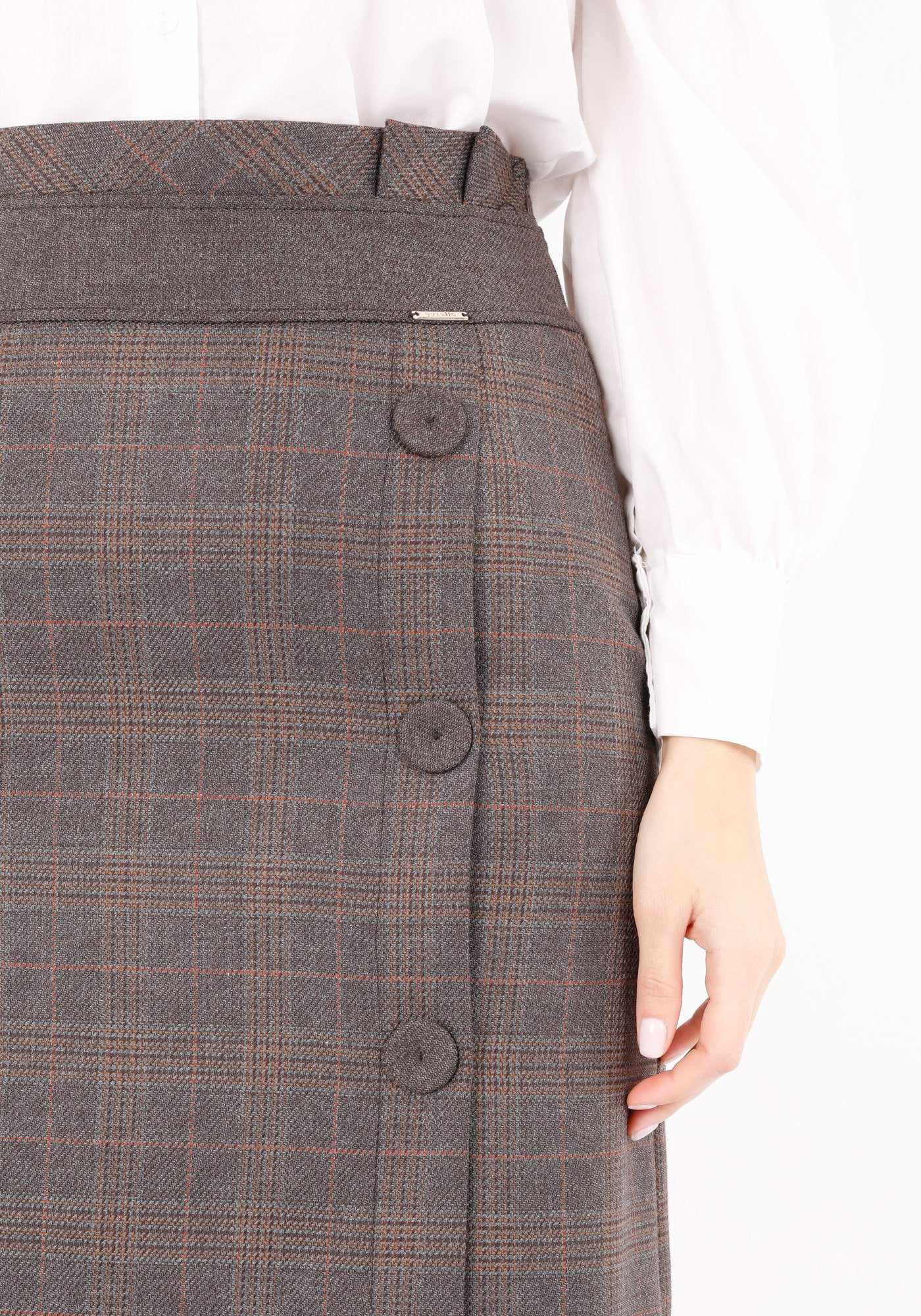 Brown Midi Tartan Straight Skirt Plaid Belted Skirt Decorative Buttons Guzella