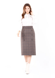 Guzella Midi Tartan Straight Skirt Plaid Belted Skirt Decorative Buttons