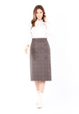 Brown Midi Tartan Straight Skirt Plaid Belted Skirt Decorative Buttons