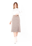 Camel Midi Tartan Straight Plaid Belted Skirt with Decorative Buttons