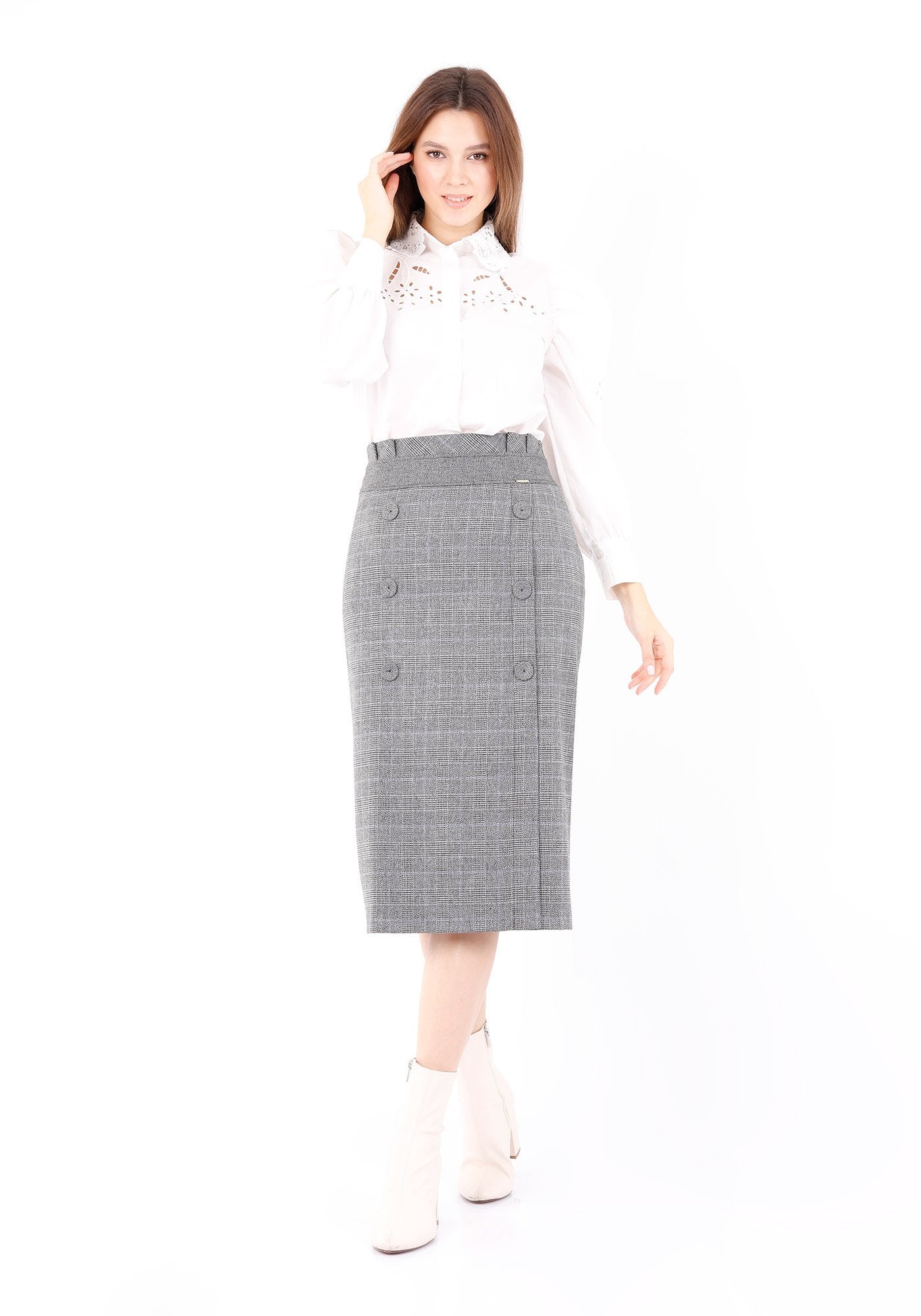 Grey Midi Tartan Straight Plaid Belted Skirt With Decorative Buttons Guzella