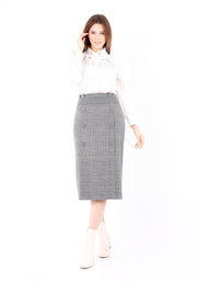 Guzella Midi Tartan Straight Skirt Plaid Belted Skirt Decorative Buttons (Grey)