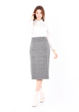 Grey Midi Tartan Straight Plaid Belted Skirt With Decorative Buttons