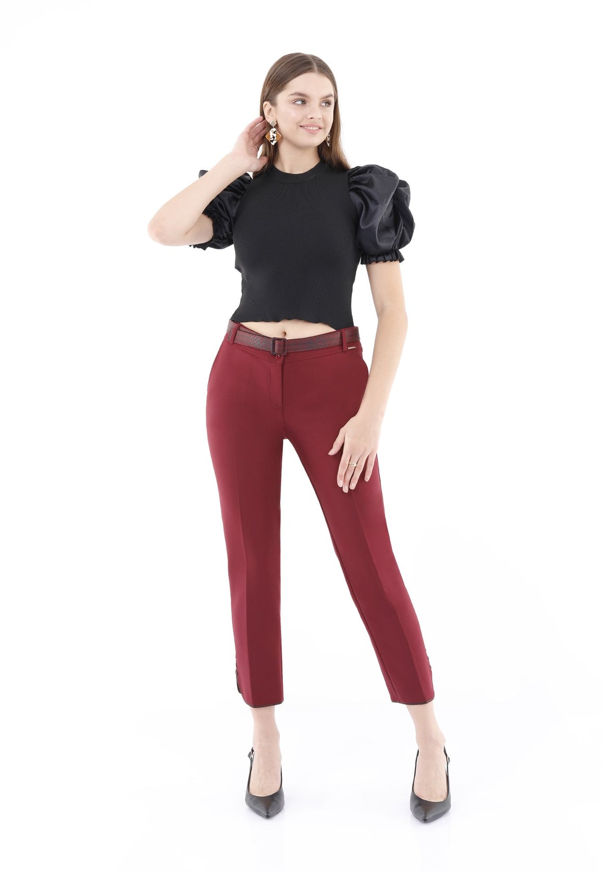 Guzella Slim Fit Ankle Length Women's Burgundy Pants with Buttons and Leather Details Guzella