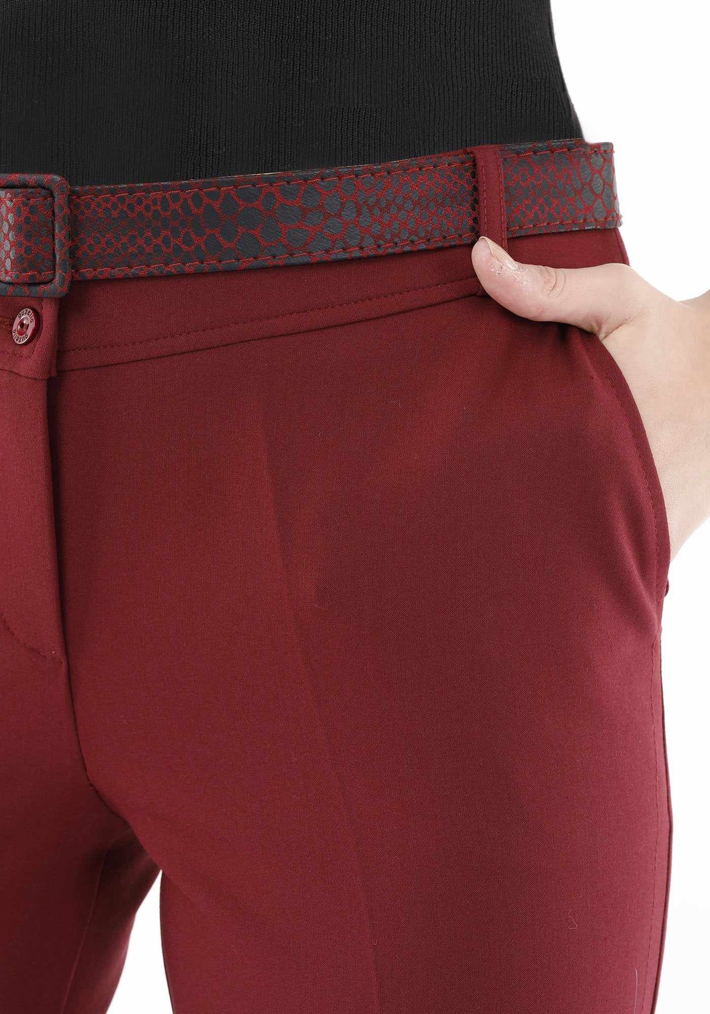 Guzella Slim Fit Ankle Length Women's Burgundy Pants with Buttons and Leather Details Guzella